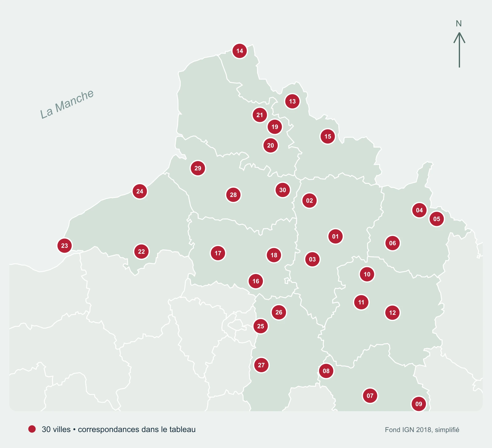 Carte des 30 villes présentées dans dix départements, numérotées en correspondance avec le tableau.