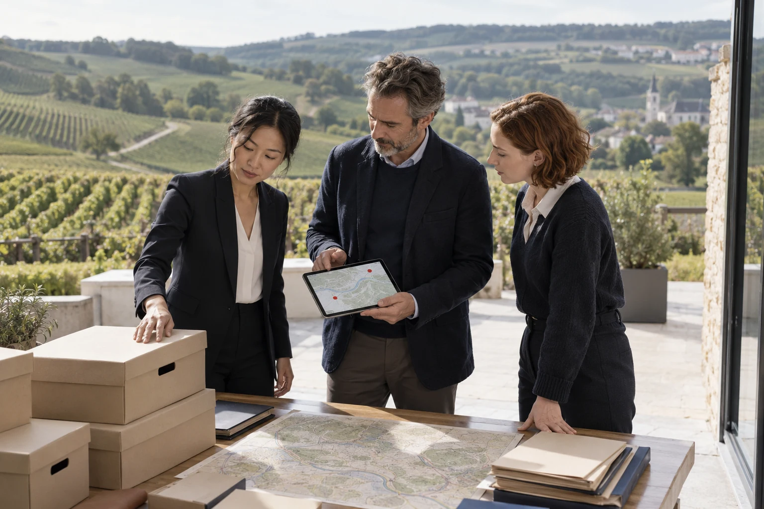 Illustration de professionnels coordonnant des archives entre plusieurs sites ; évocation du département Marne (51).