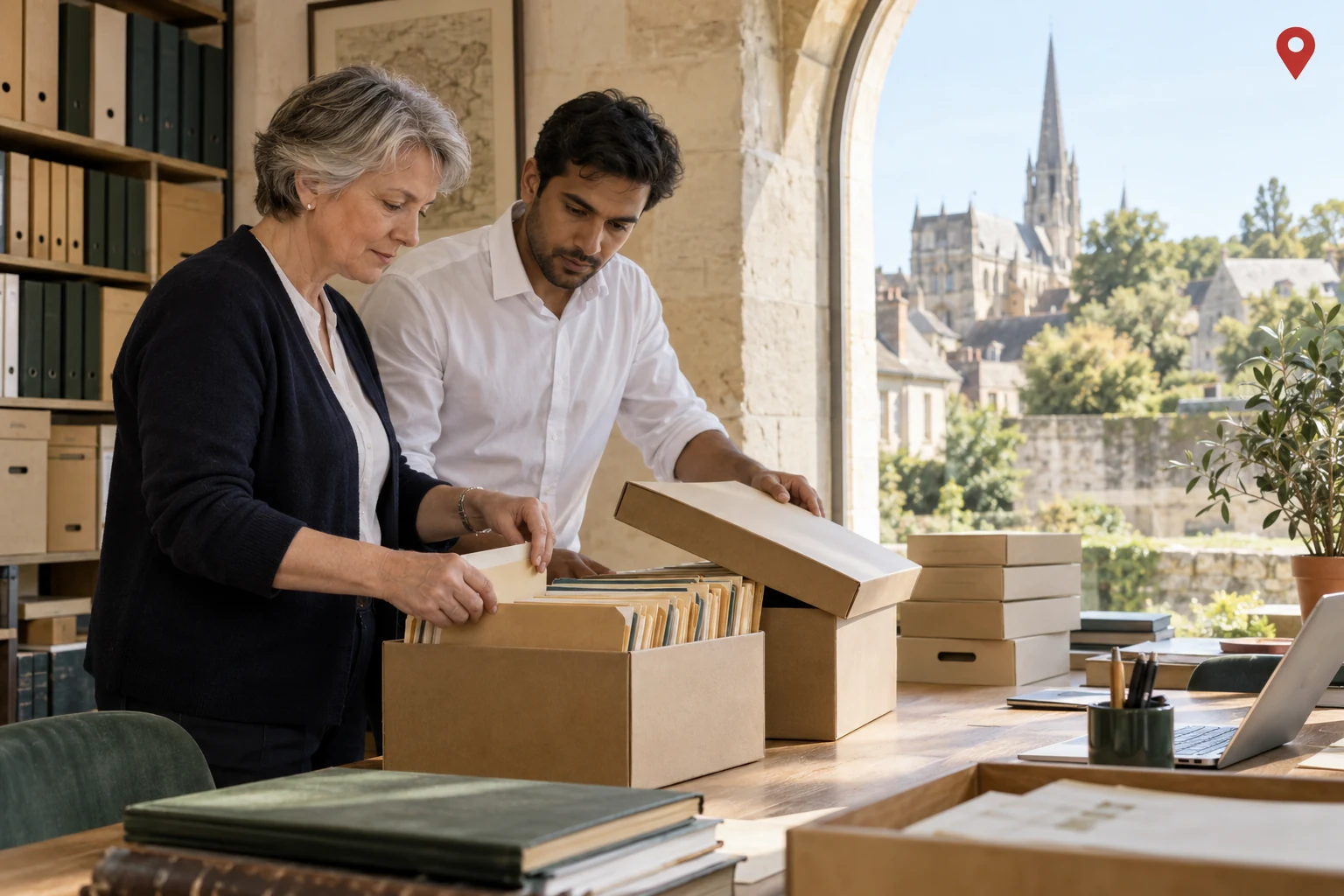 Illustration de professionnels préparant des archives ; évocation du département Oise (60).