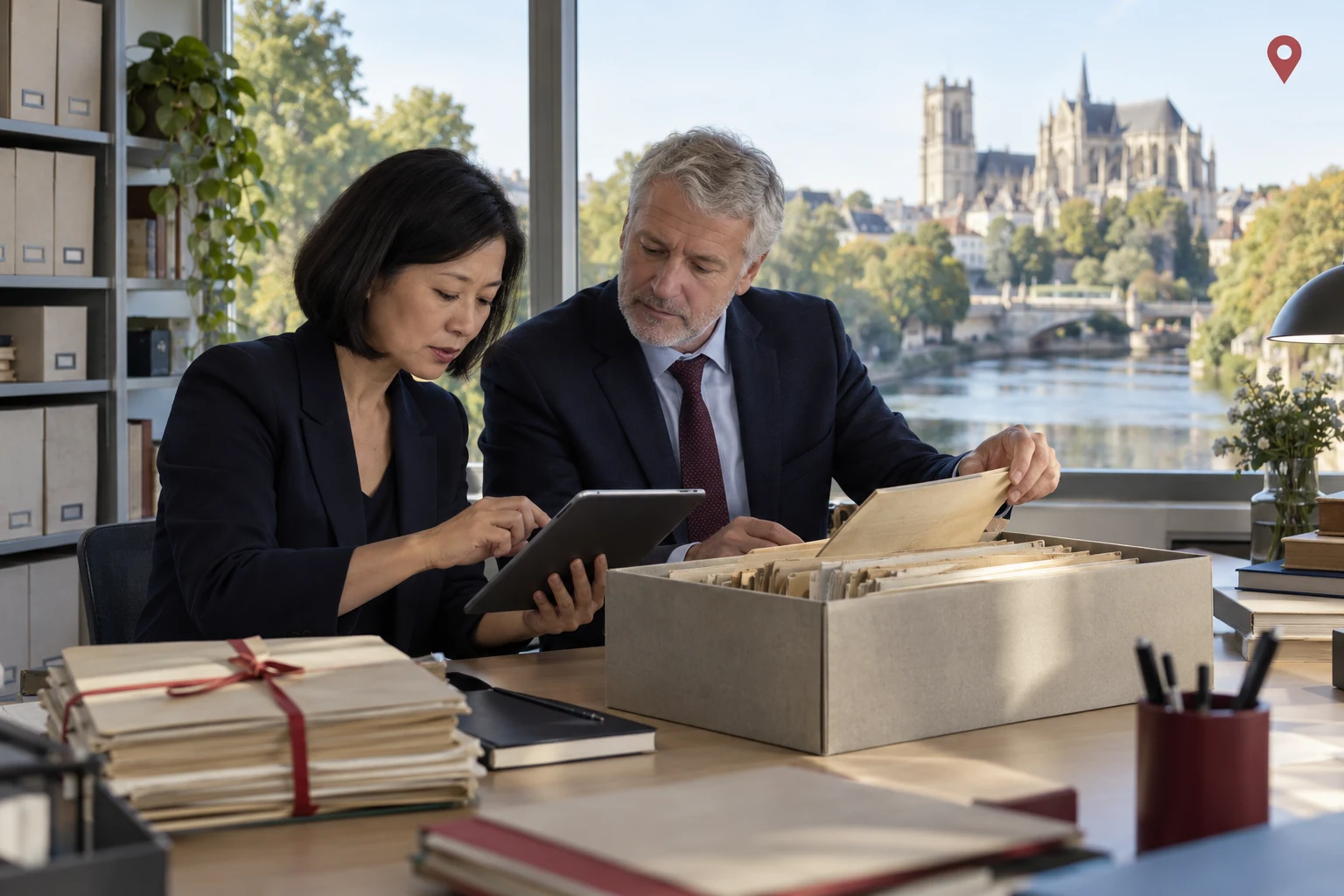 Illustration de professionnels préparant des archives ; évocation du département Seine-et-Marne (77).
